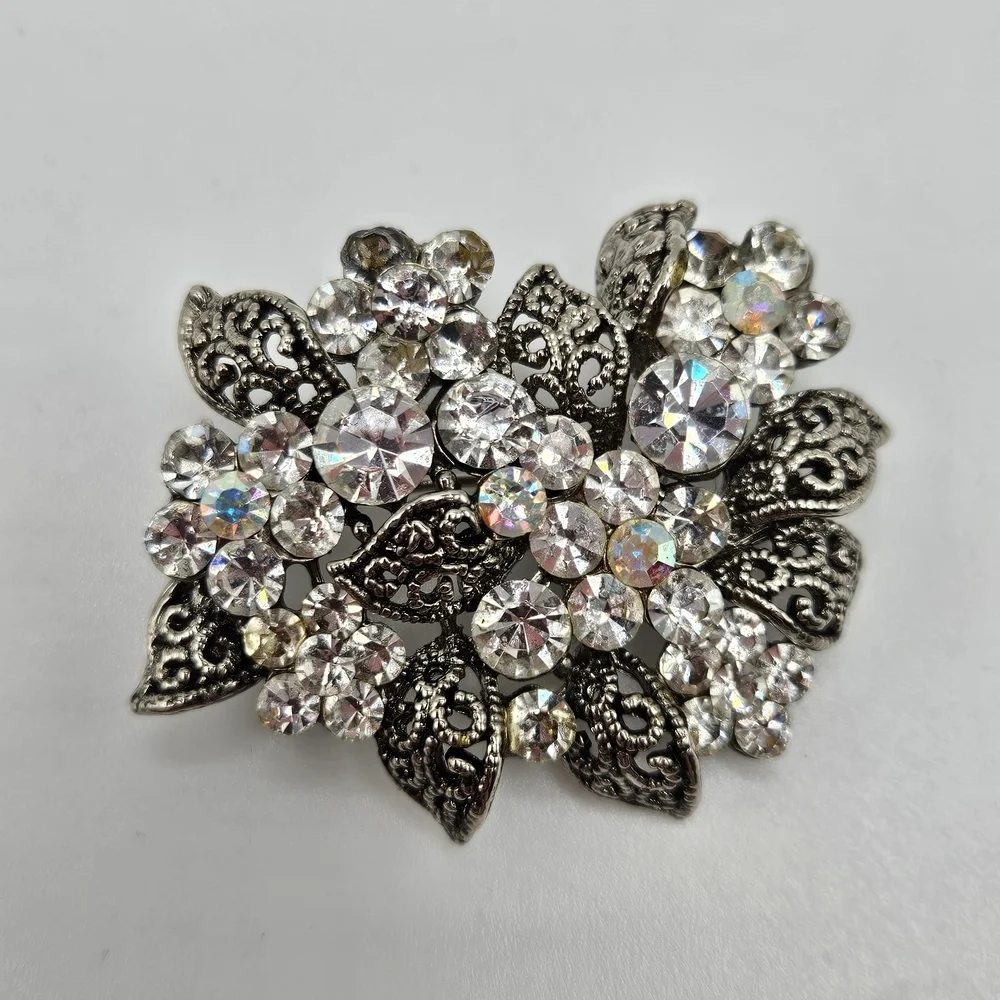 VINTAGE Silver Tone Aurora Borealis AB Rhinestone Flower Bouquet Brooch Pin
